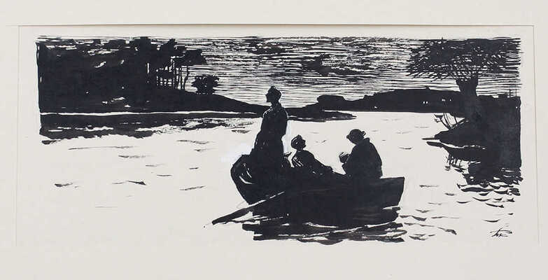 Караченцов Пётр Яковлевич. Трое в лодке. Иллюстрация для газеты «Правда» 